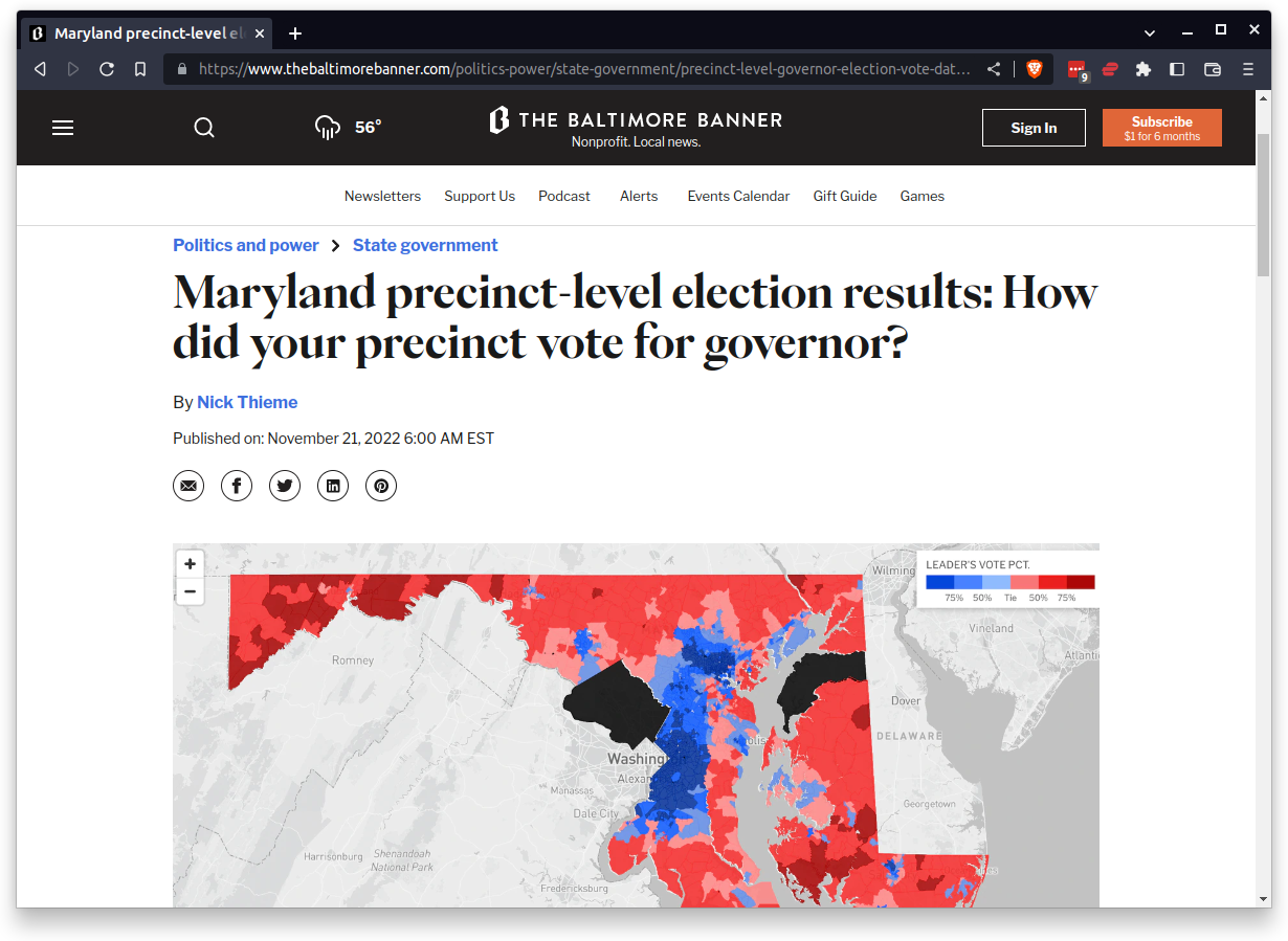 A screenshot of The Baltimore Banner's election map