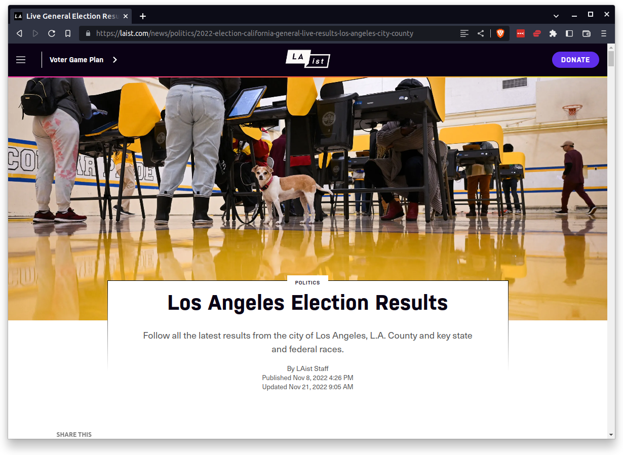 A screenshot of LAist's election results page