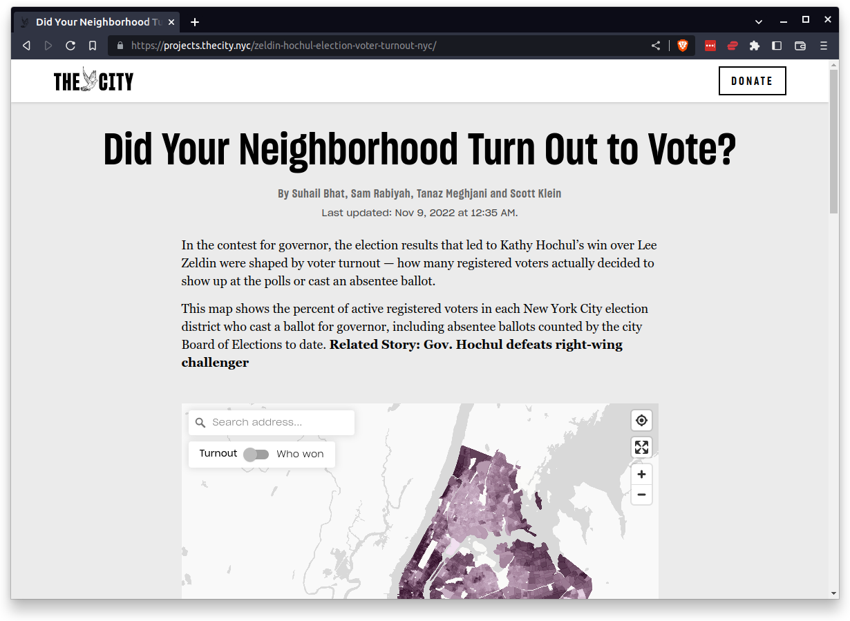 A screenshot of THE CITY's election turnout analysis