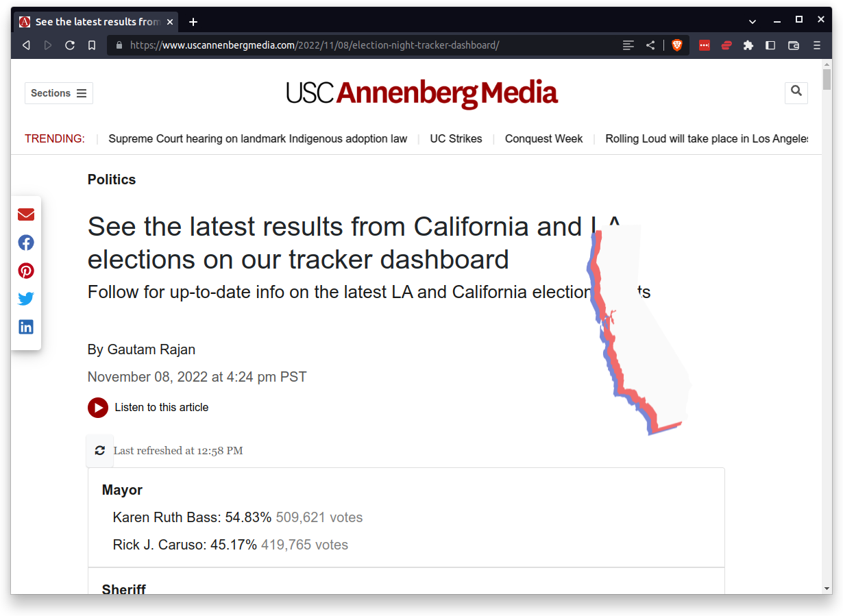 A screenshot of USC Annenberg Media's election results page